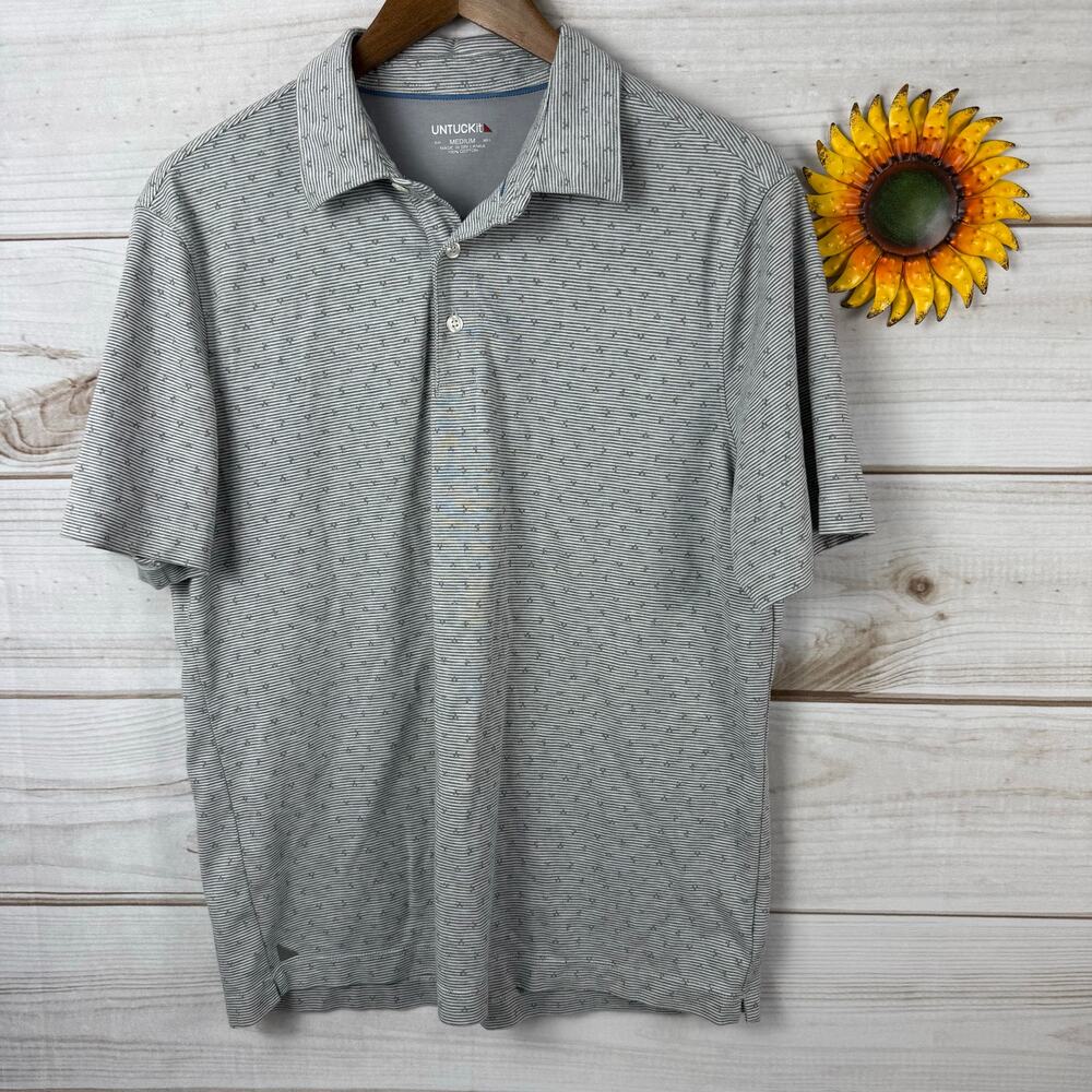 UNTUCKit Men's Medium Gray Striped Short Sleeve Cotton Polo Shirt